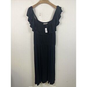 LOFT Black Knit Cold Shoulder Ruffle Dress Gathered Waist Women's Size Large NWT